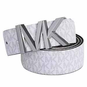 Michael Kors White MK Logo Monogram Belt with Silver Buckle